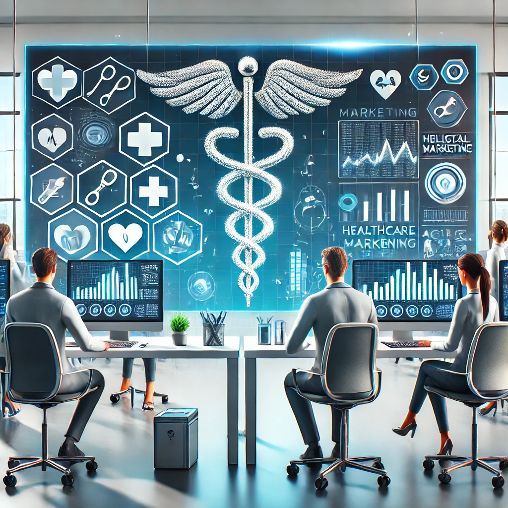 Illustration of a modern medical marketing agency office with a digital team working on healthcare campaigns, featuring analytics, healthcare ads, and medical symbols like stethoscopes and caduceus.